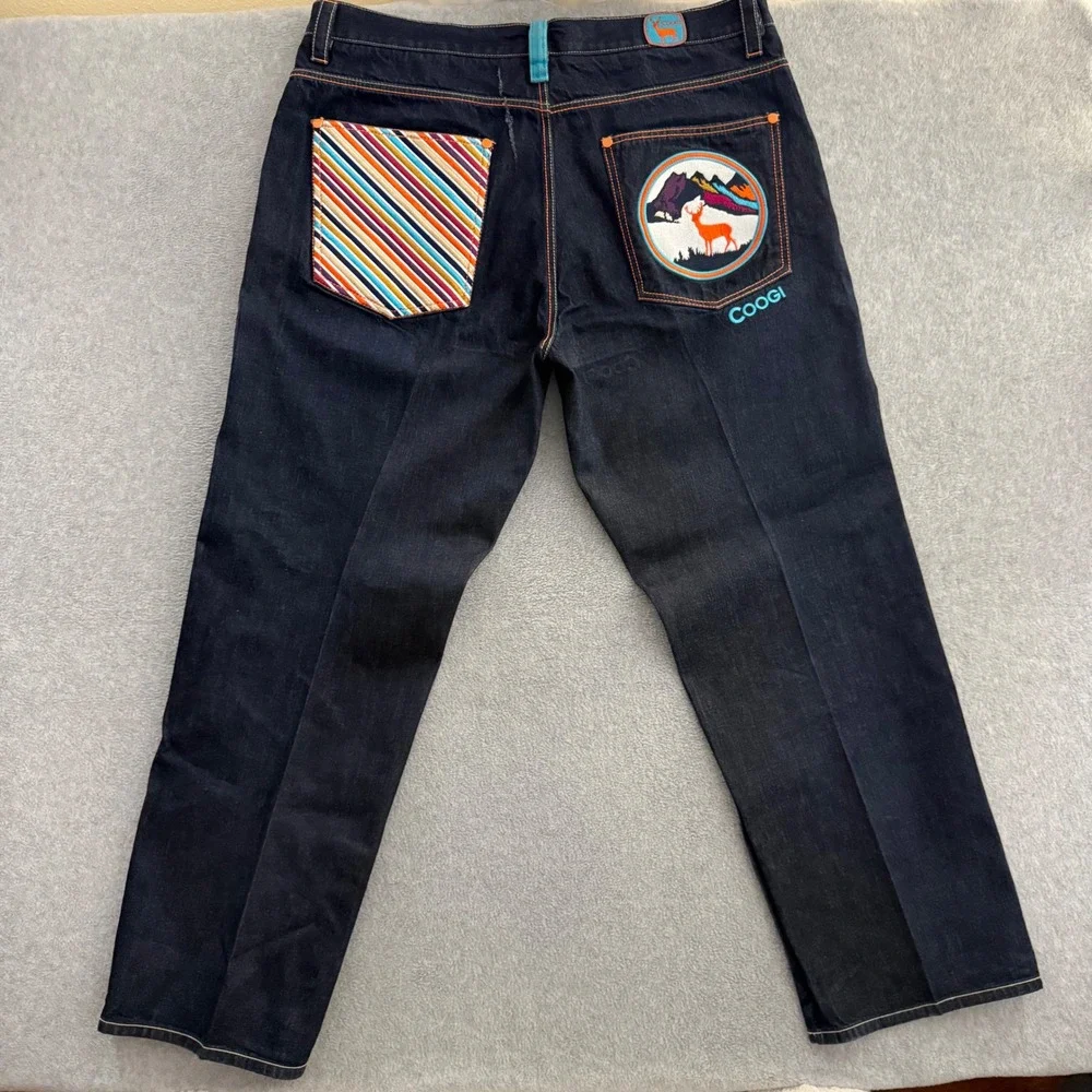 COOGI Mens Jeans 44x35 Dark Wash Embroidered Striped Pocket Baggy Straight Leg